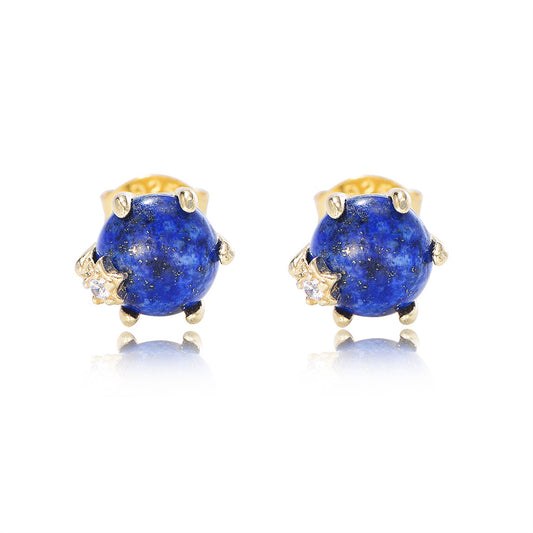 Six Prongs Natural Lapis Lazuli Beads Silver Studs Earrings for Women