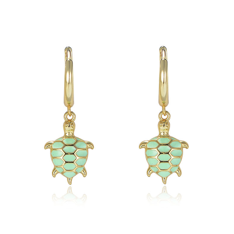Enamel Glazed Green Turtle Silver Drop Earrings for Women