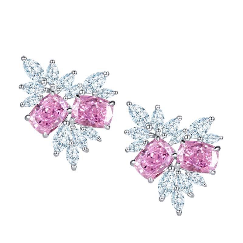 Pink Zircon 6*8mm Cushion Ice Cut Silver Studs Earrings for Women
