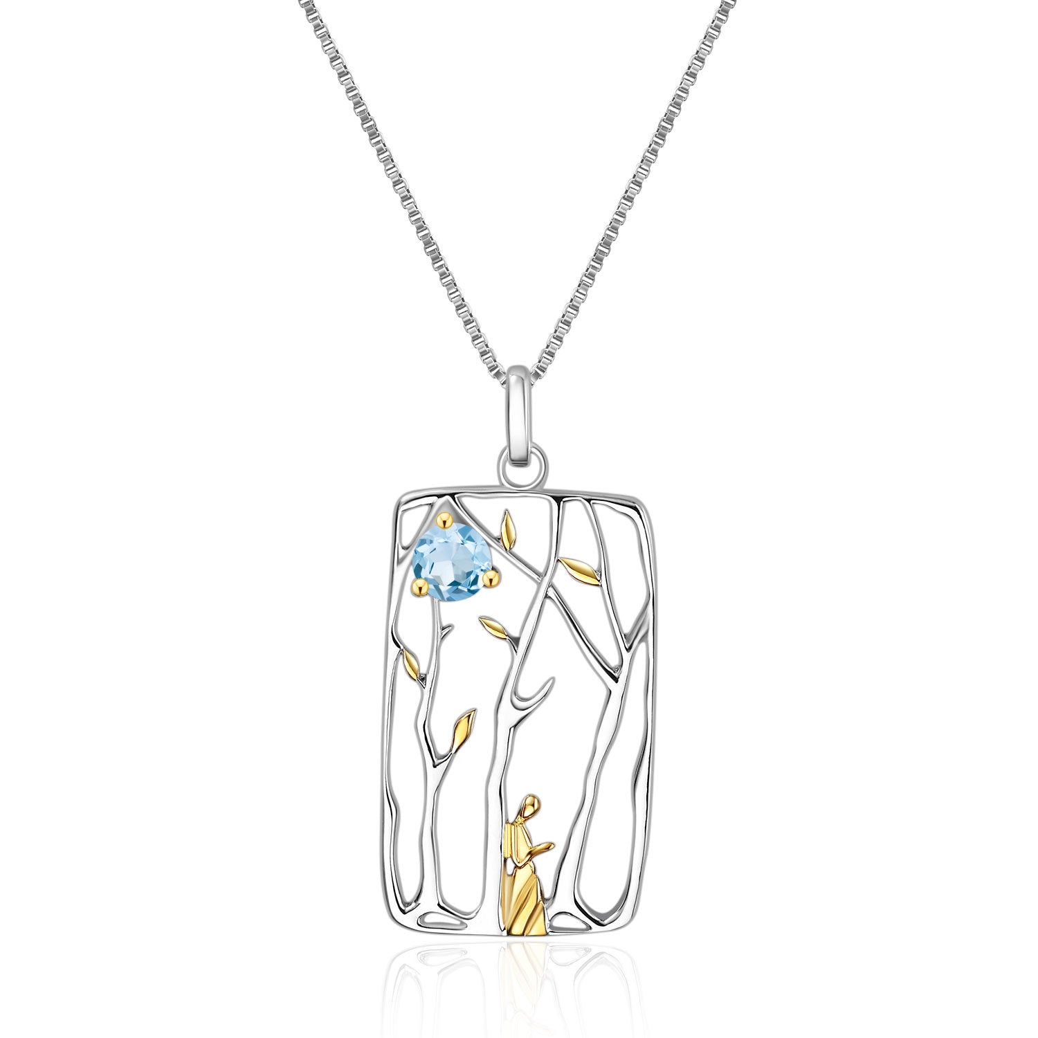 Italian Craftsman Jewelry Abstract Design Inlaid Natural Topaz Rectangle Pendant Silver Necklace for Women