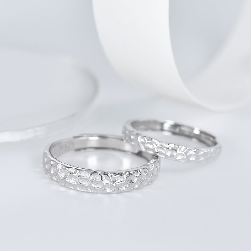Irregular Concave-convex Texture Silver Couple Ring for Women