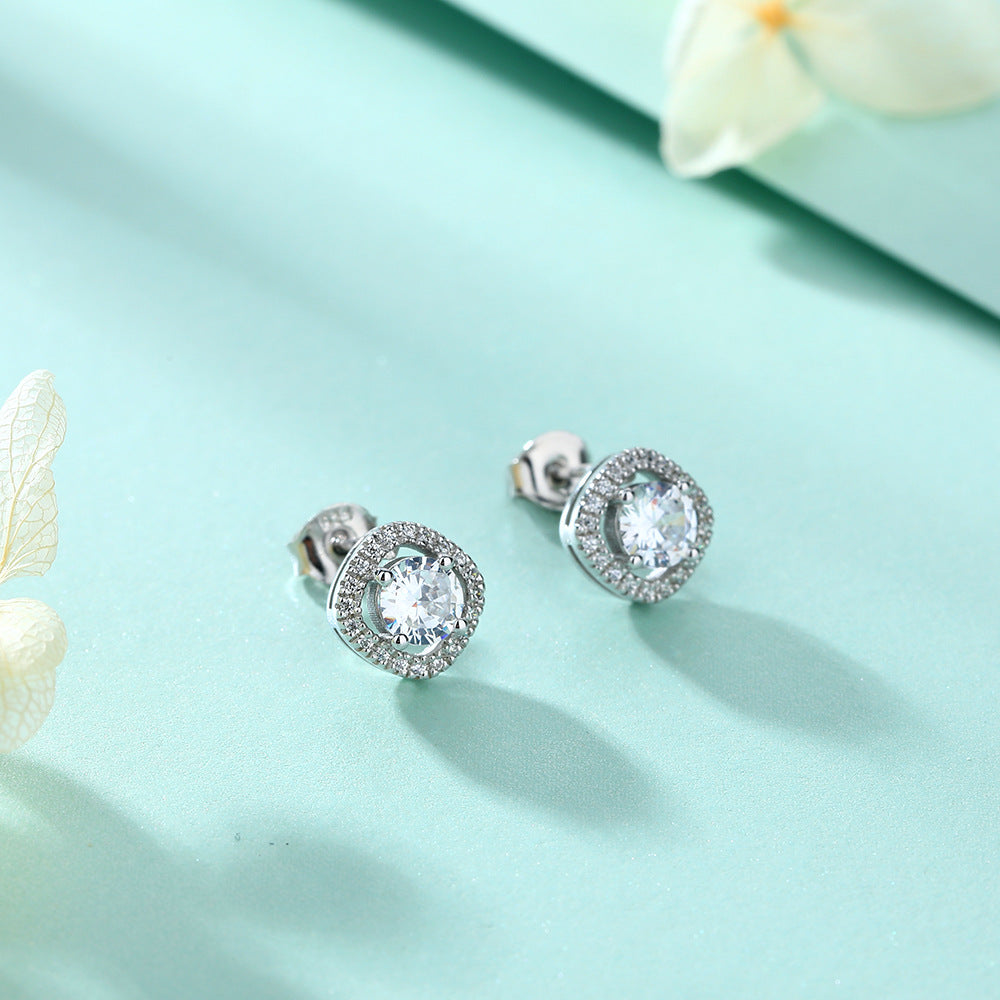 Round Zircon Square Soleste Halo Silver Studs Earrings for Women