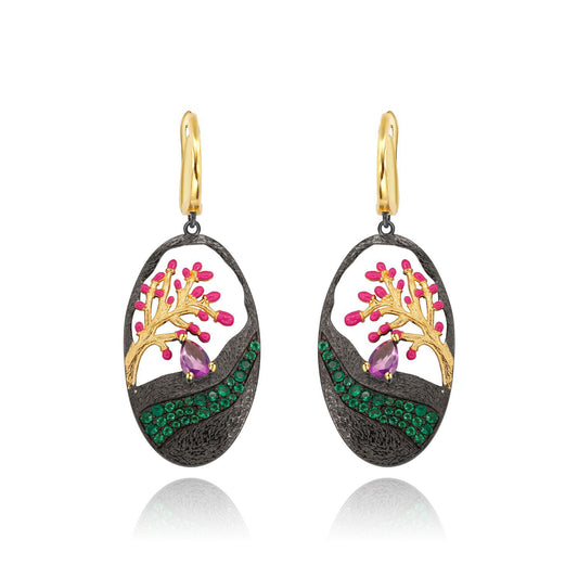 Italian Tree Design s925 Sterling Silver Enamel Drop Earrings for women