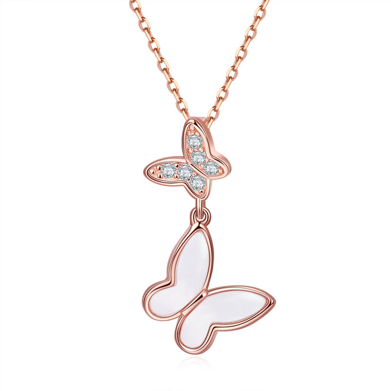 Mother-of-pearl Butterfly with Zircon Butterfly Pendant Silver Necklace for Women
