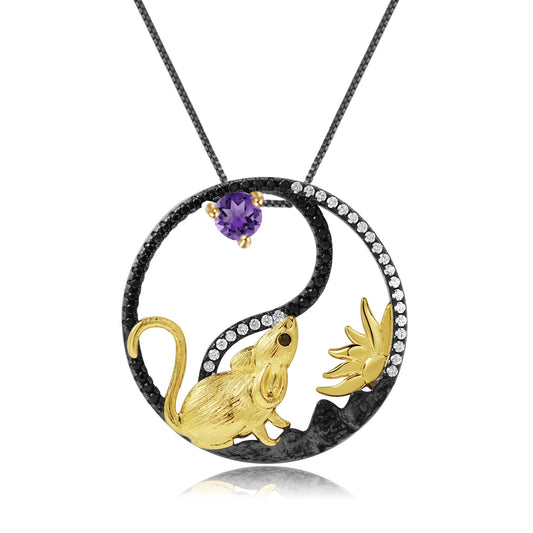 Chinese Style Element Design Zodiac Series Rat Natural Gemstone Pendant  Silver Necklace for Women