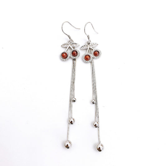Garnet Cherry Tassel Silver Drop Earrings for Women