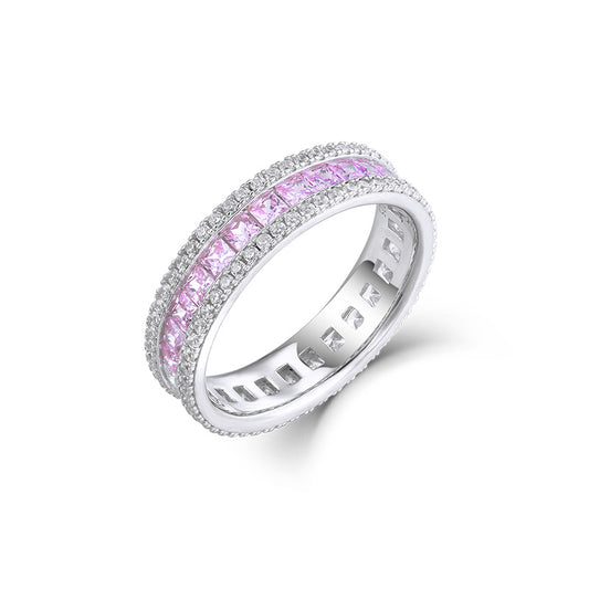 Princess Cut White and Pink Zircon Eternity Silver Ring
