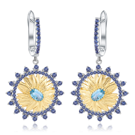 Italian High Sense Design Inlaid Colourful Gemstone Sunflower Silver Drop Earrings for Women