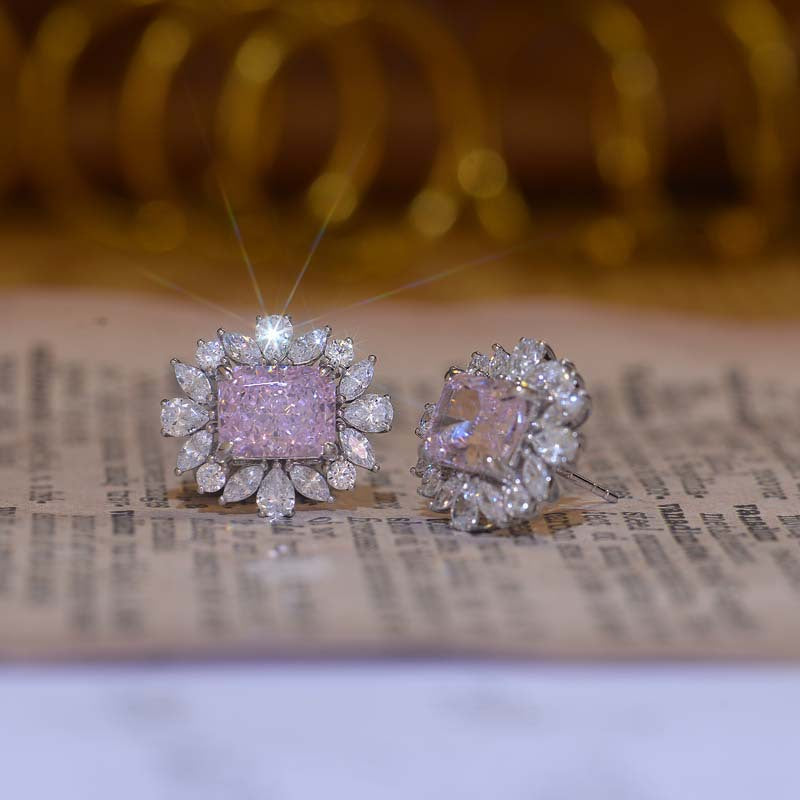 Pink Zircon 7*9mm Rectangle Ice Cut Luxurious Silver Studs Earrings for Women