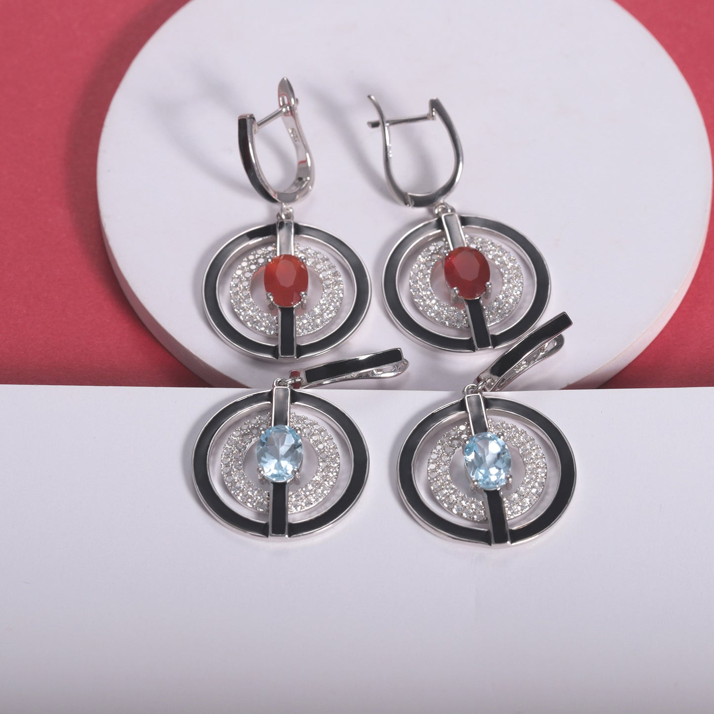 Natural Topaz Enamel Ring Design Silver Drop Earrings for Women