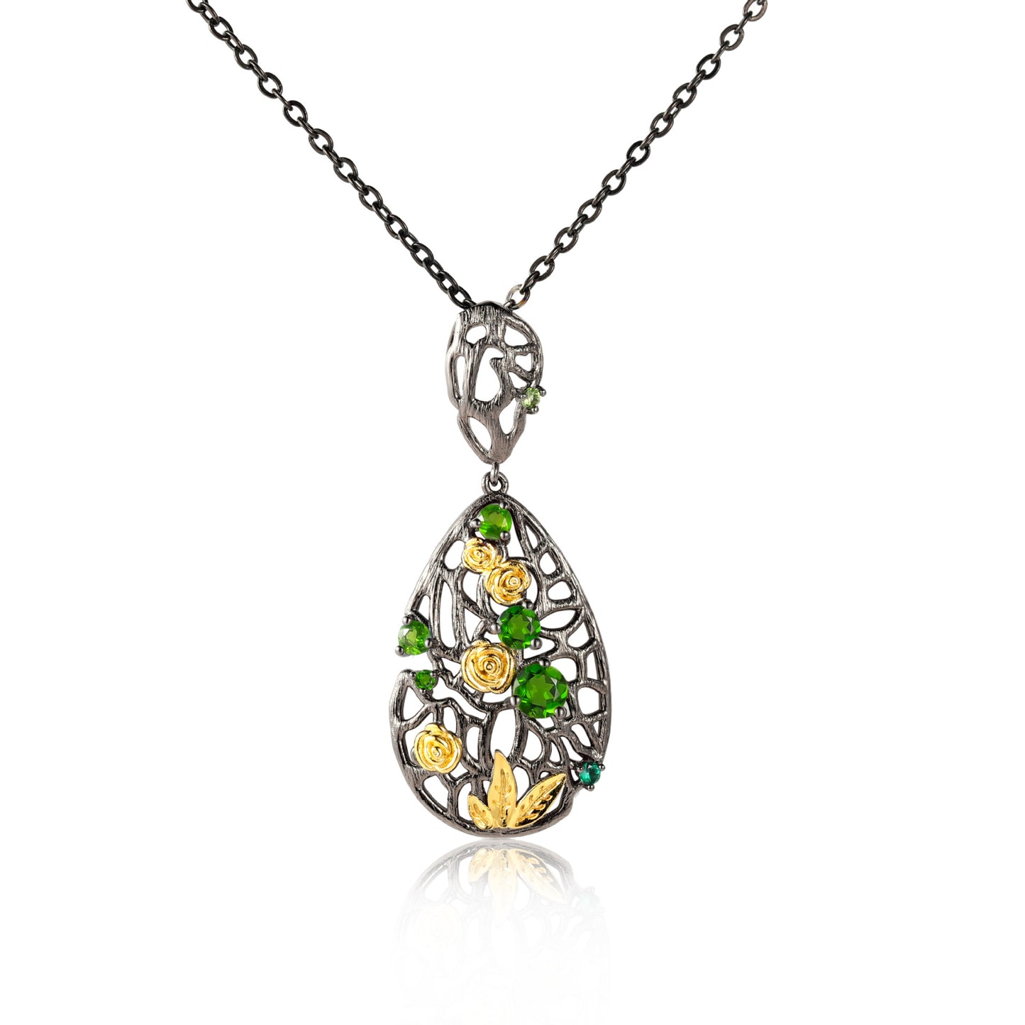 Retro Premium Jewelry Inlaid Colourful Gemstones Rose Garden Pendant Sterling Silver Necklace for Women