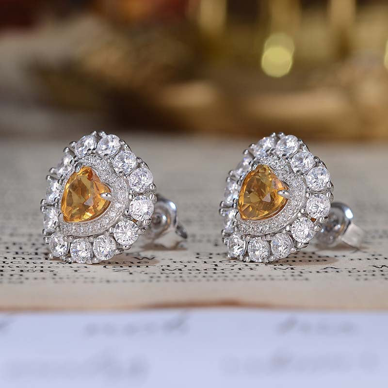 Natural Yellow Crystal 6*6mm Heart Shape Soleste Halo Silver Studs Earrings for Women