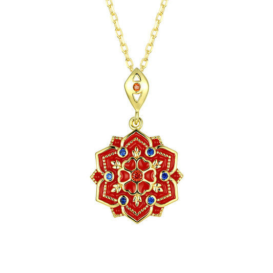 Lotus Pattern Series Red and Blue Zircon Red Lotus Pendant Silver Necklace for Women