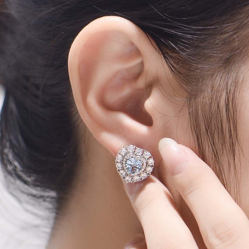 Sky Blue Natural Topaz 6*6mm Heart Shape Soleste Halo Silver Studs Earrings for Women
