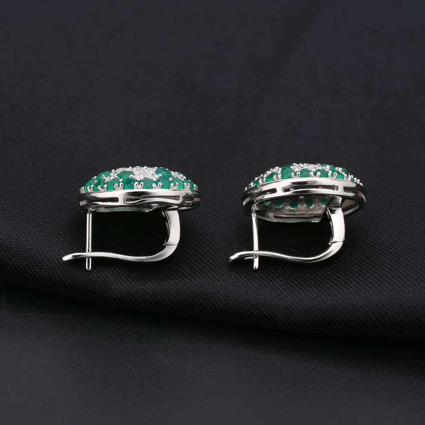 European Vintage Style Group Inlaid Natural Green Agate Circle Sterling Studs Earrings for Women