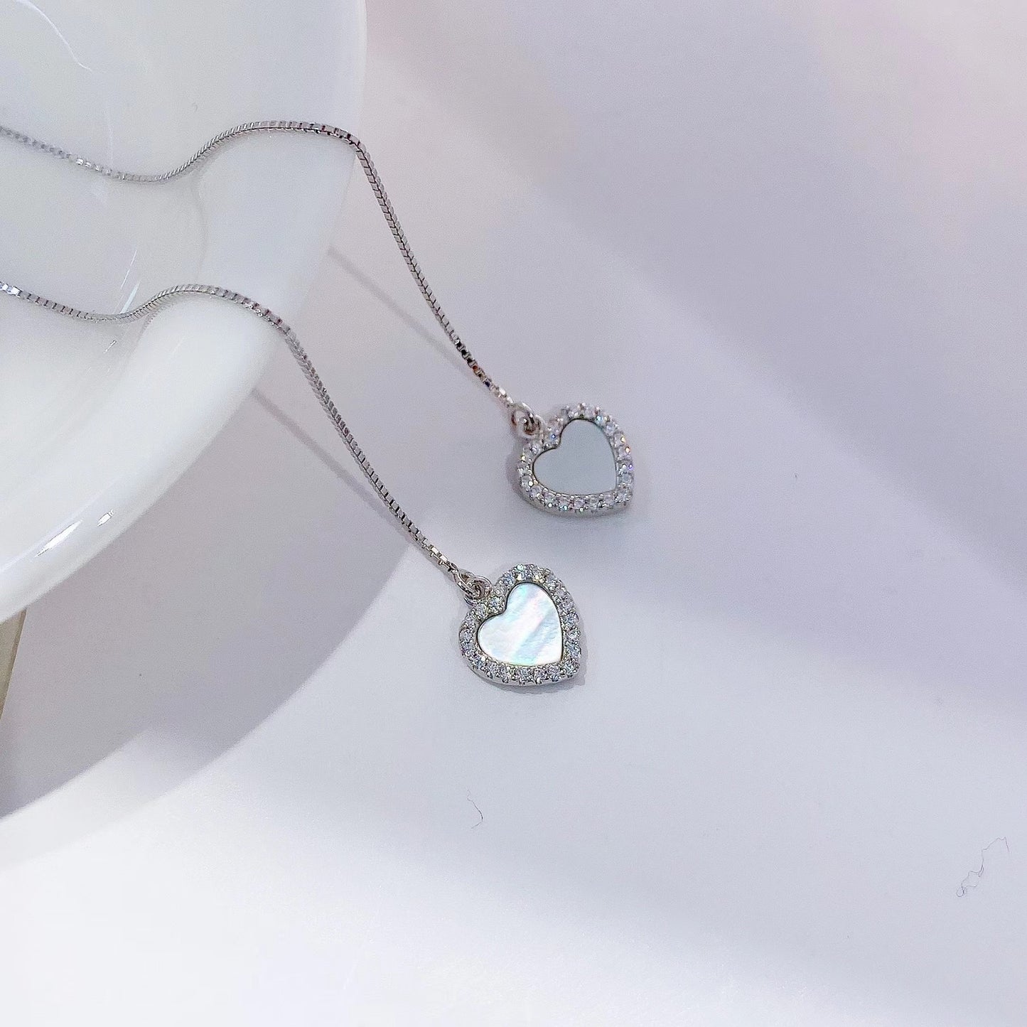 Heart-shape Mother-of-pearl Tassel Earline Silver Drop Earrings for Women