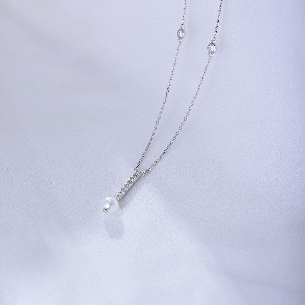 Geometric Tassel Pearl with Zircon Sterling Silver Necklace  for Women