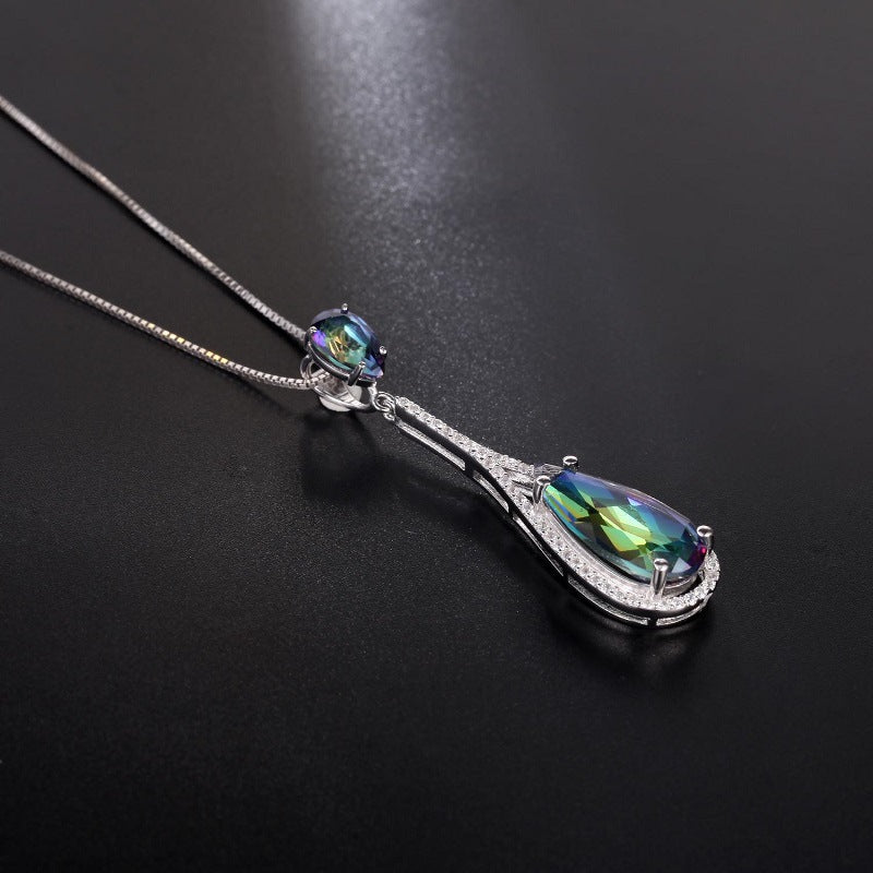 European Fashion Luxury Jewelry Design Inlaid Colourful Crystal Soleste Halo Water Droplet Pendant Silver Necklace for Women