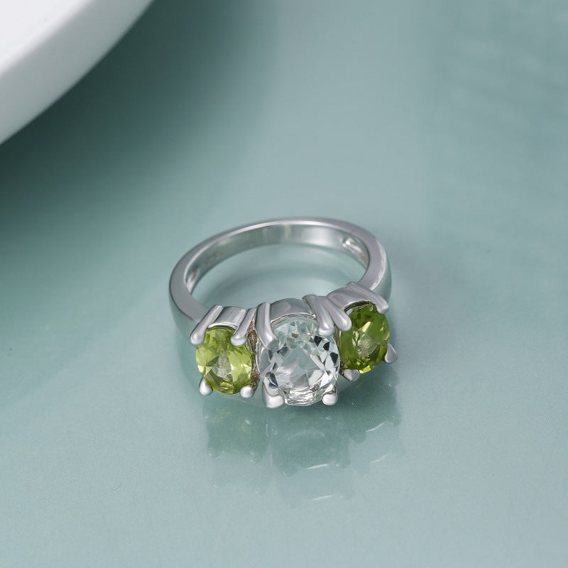 Natural Green Crystal Three Stones Silver Ring  for Women