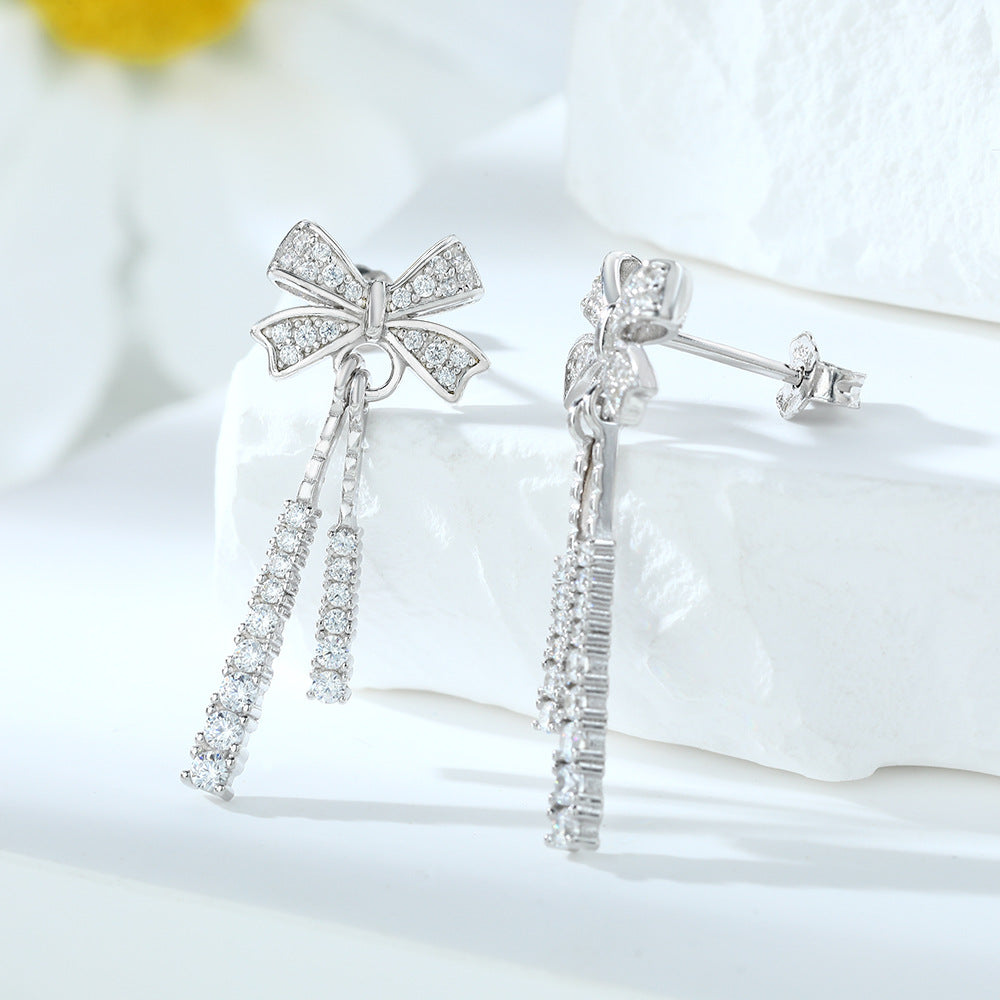 Zircon Bow Tassel Silver Drop Earrings for Women