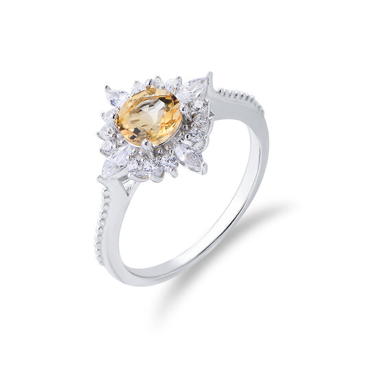 Yellow Crystal Sun Shape Sodeste Halo Sterling Silver Ring for Women