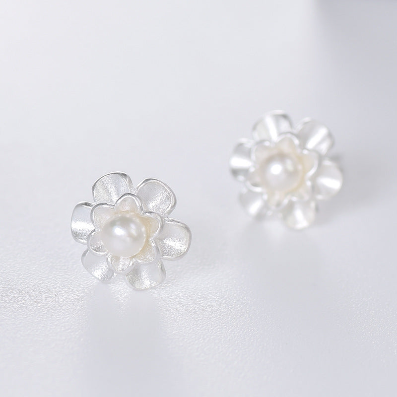 Frosting Flower with Freshwater Pearl Silver Earrings for Women