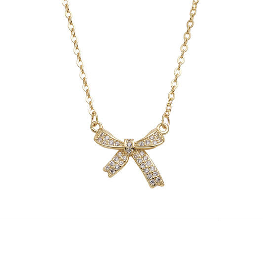 Sweet Zircon Bow Pendant Silver Necklace for Women
