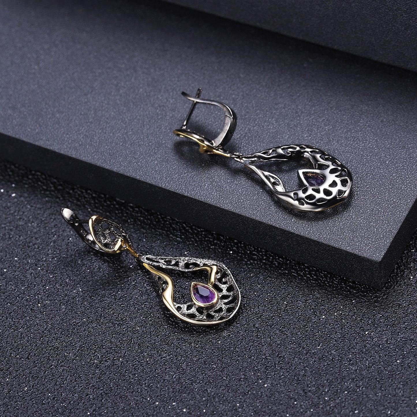 Italian Antique Premium Style Inlaid Natural Colourful Gemstone Creative Shape Silver Drop Earrings for Women