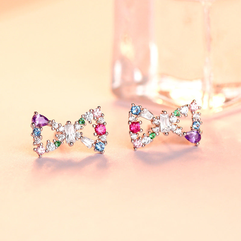 Colourful Zircon Bow Silver Studs Earrings for Women
