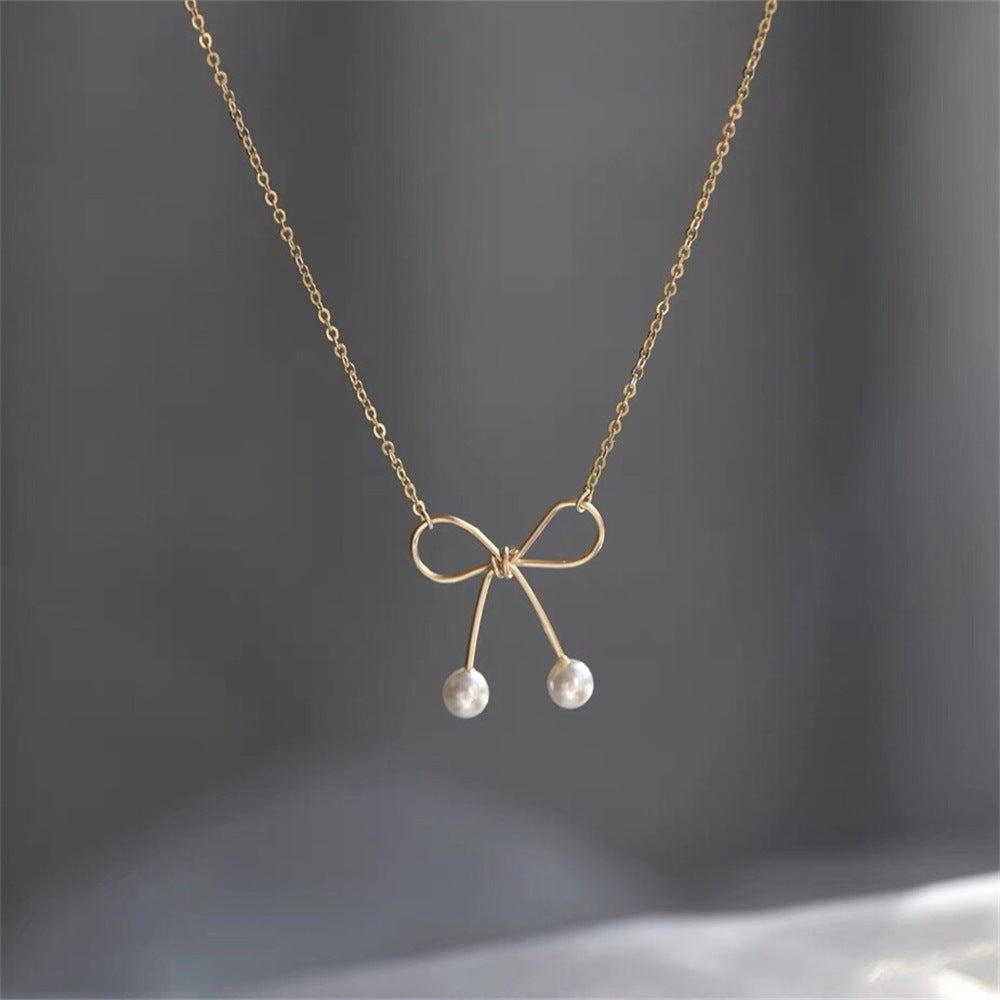 (Two Colours) Simplicity Bowknot with Pearls Pendants 925 Silver Collarbone Necklace for Women