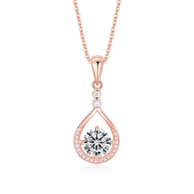 Round Zircon Hollow Water Drop Pendant Silver Necklace for Women