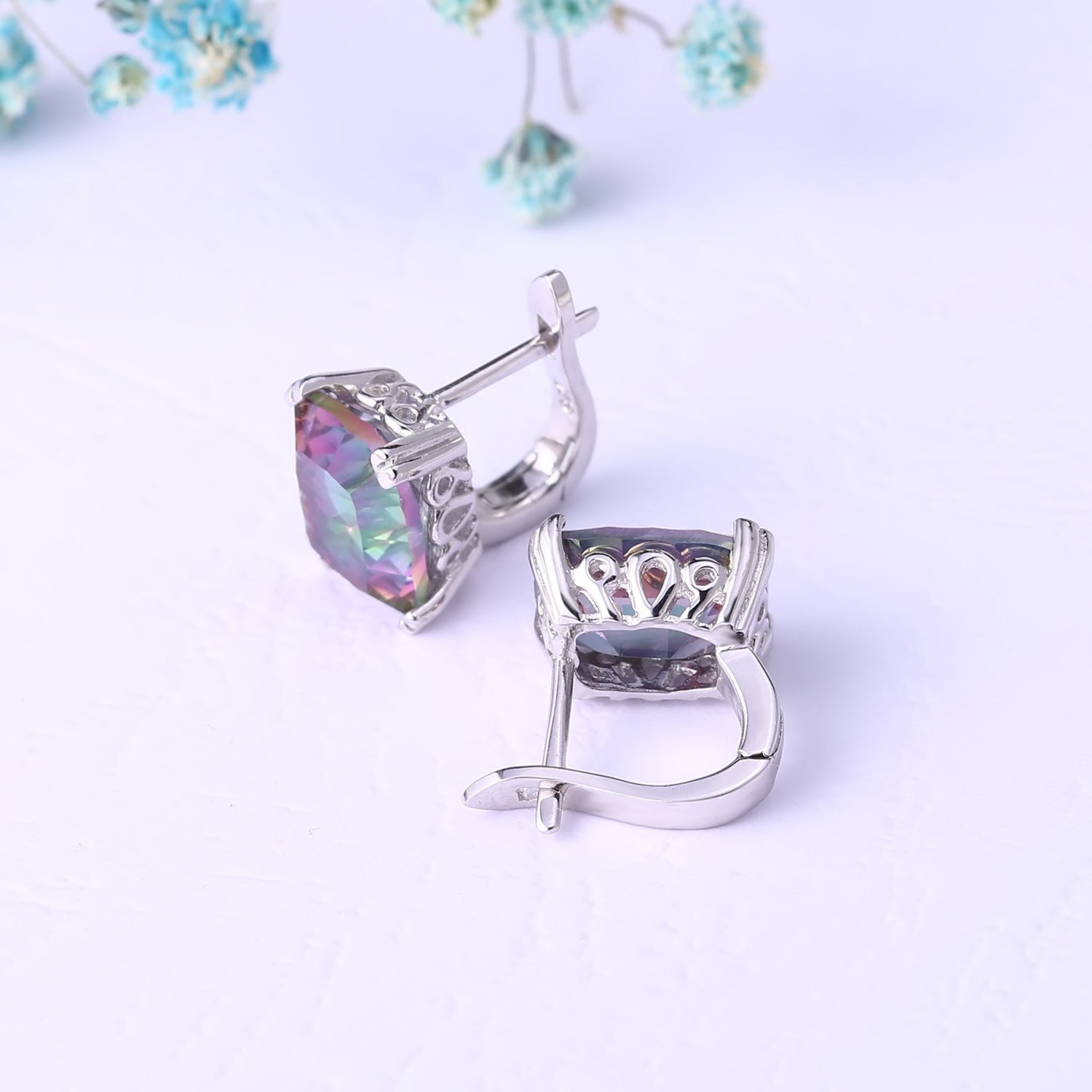 Colourful Crystal Square Sterling Silver Studs Earrings for Women