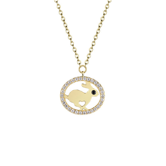 Bunny  with Zircon Circle Pendant Silver Necklace for Women