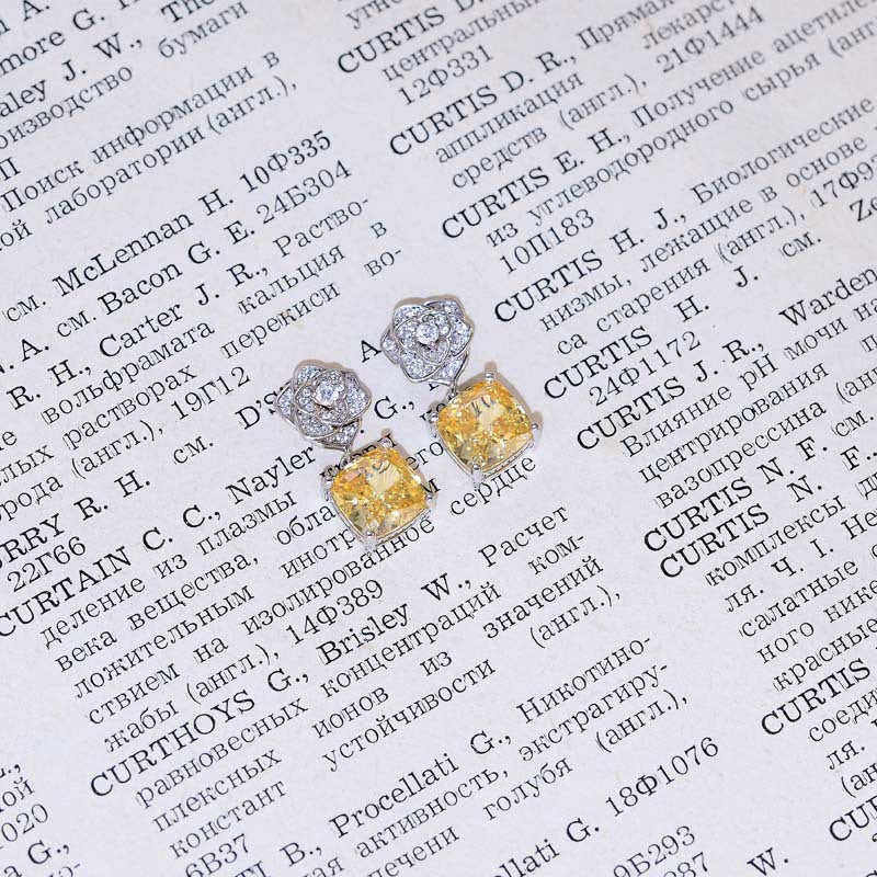 Yellow Zircon 8*8mm Cushion Ice Cut Camellia Silver Drop Earrings for Women
