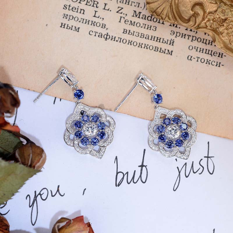 Lab-Created Sapphires Flower Silver Drop Earrings for Women