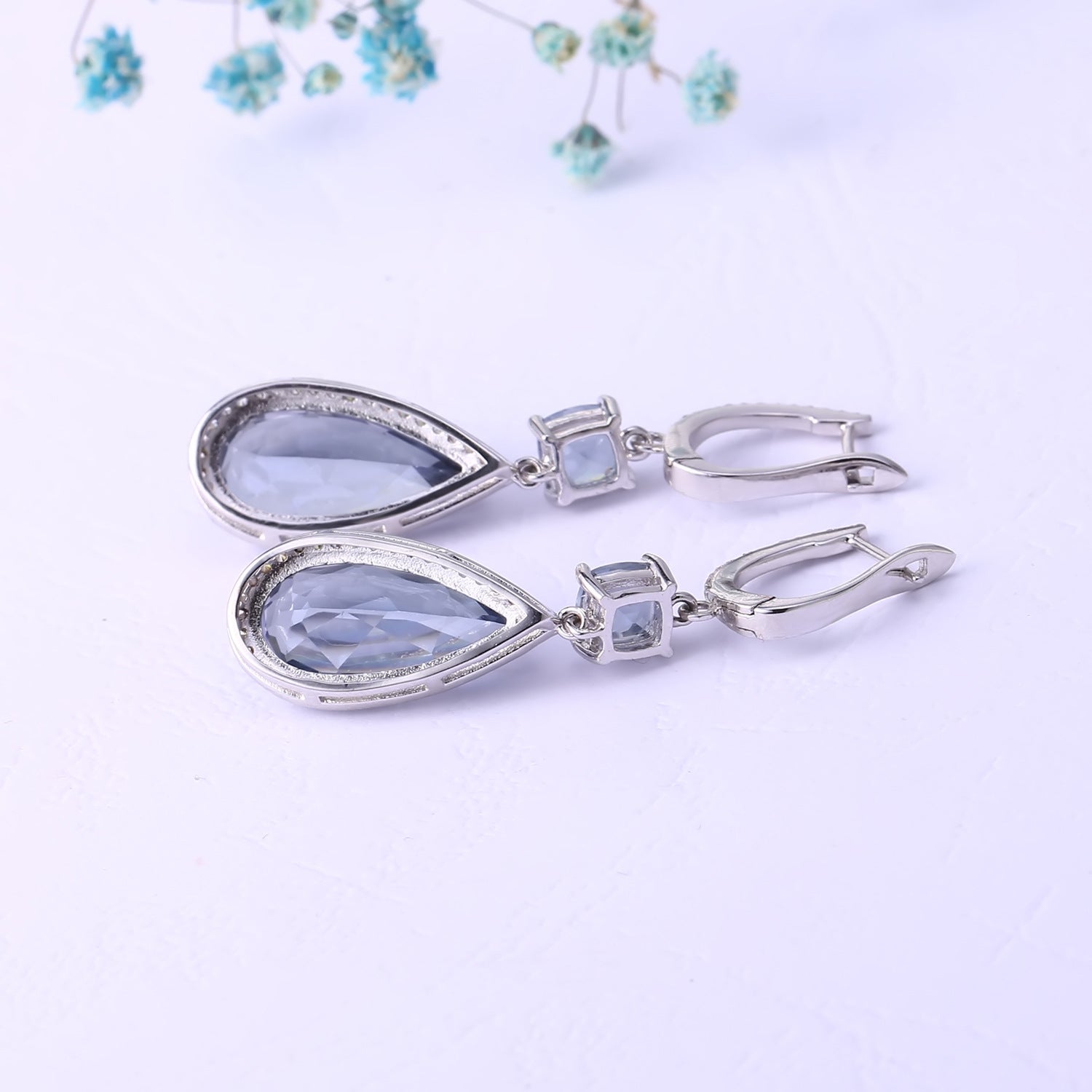 European Premium Stye Inlaid Crystal  Soleste Halo Water Droplet Sterling Silver Drop Earrings for Women