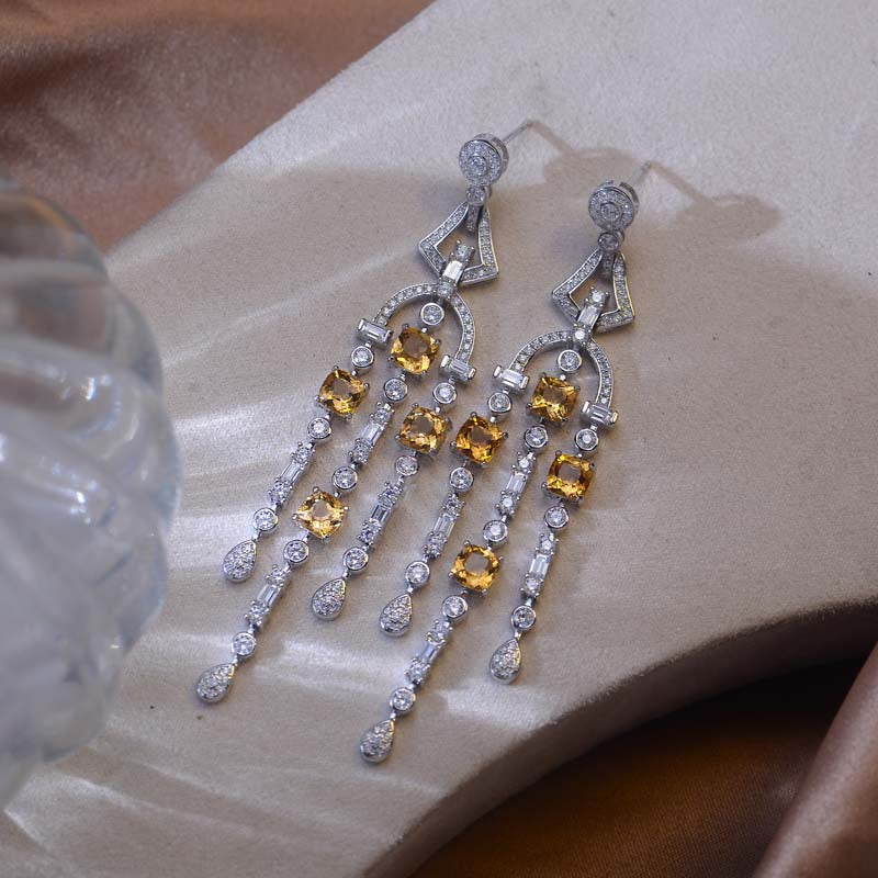 Yellow Natural Cystal Tassels Silver Drop Earrings for Women