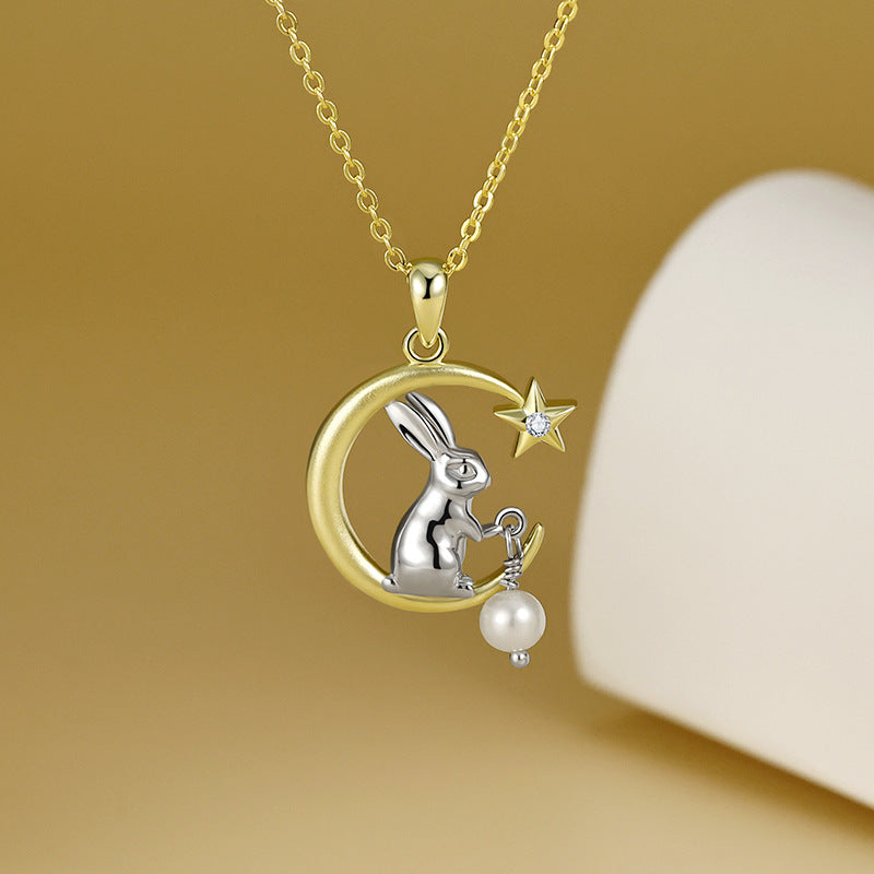 Moon Star Bunny with Freshwater Pearl Pendant Silver Necklace for Women