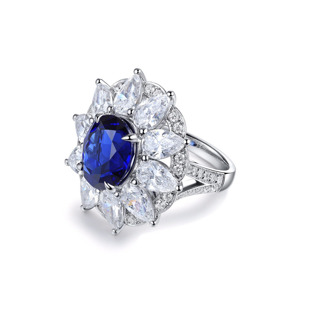 Lab-Created Sapphires Oval Ice Cut Water Drop Soleste Halo Luxurious Silver Ring for Women