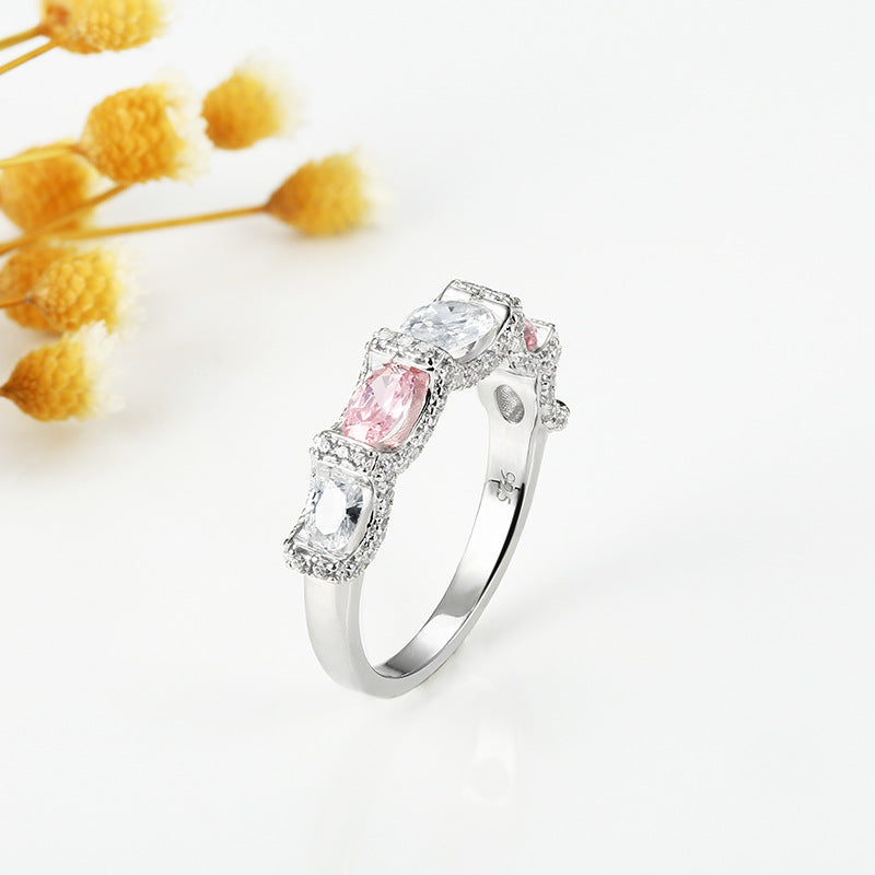 Oval White and Pink Zircon Silver Ring for Women