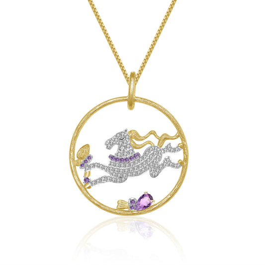 Animal Element Design Inlaid Natural Amethyst  Horse Circle Pendant Silver Necklace for Women