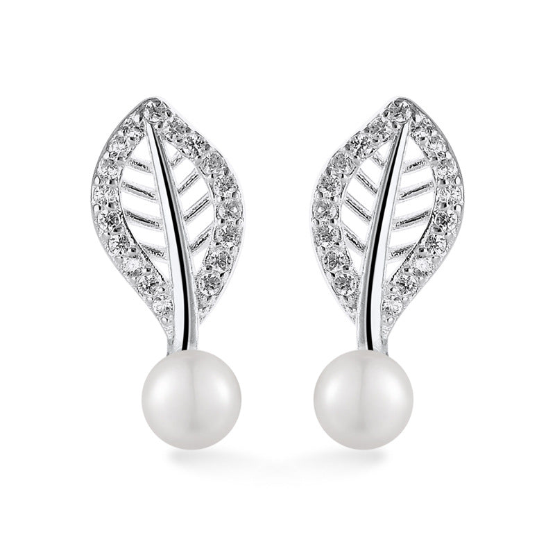 Hollow Zircon Leaf with Freshwater Pearl Silver Stud Earrings for Women