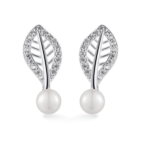 Hollow Zircon Leaf with Freshwater Pearl Silver Stud Earrings for Women
