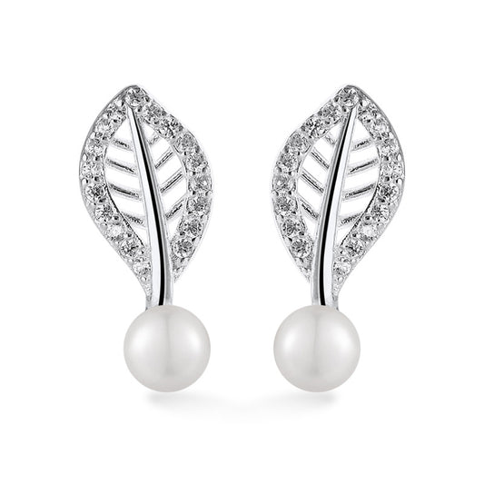 Hollow Zircon Leaf with Freshwater Pearl Silver Stud Earrings for Women