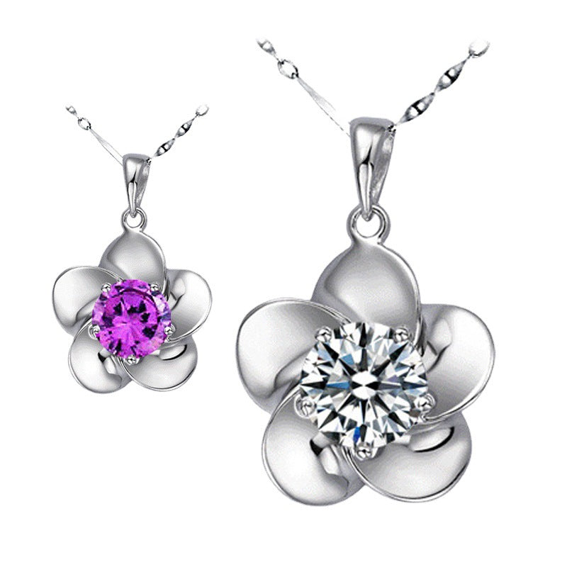 (Pendant Only) Plum Blossom with Round Zircon Silver Pendant for Women