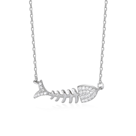 Fishbone with Zircon Pendant Silver Necklace for Women