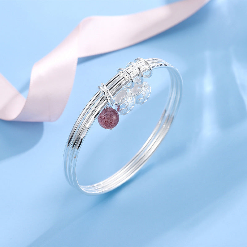Strawberry Crystal and Blessing Bag Pendants Silver Bracelet for Women