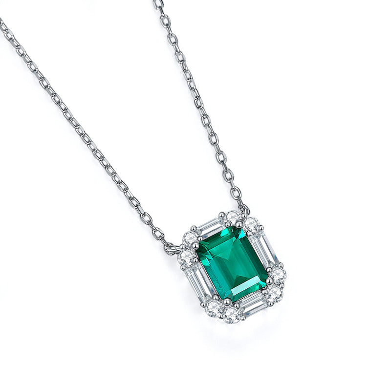 Lab-Created Emerald Rectangle Vintage Silver Necklace for Women