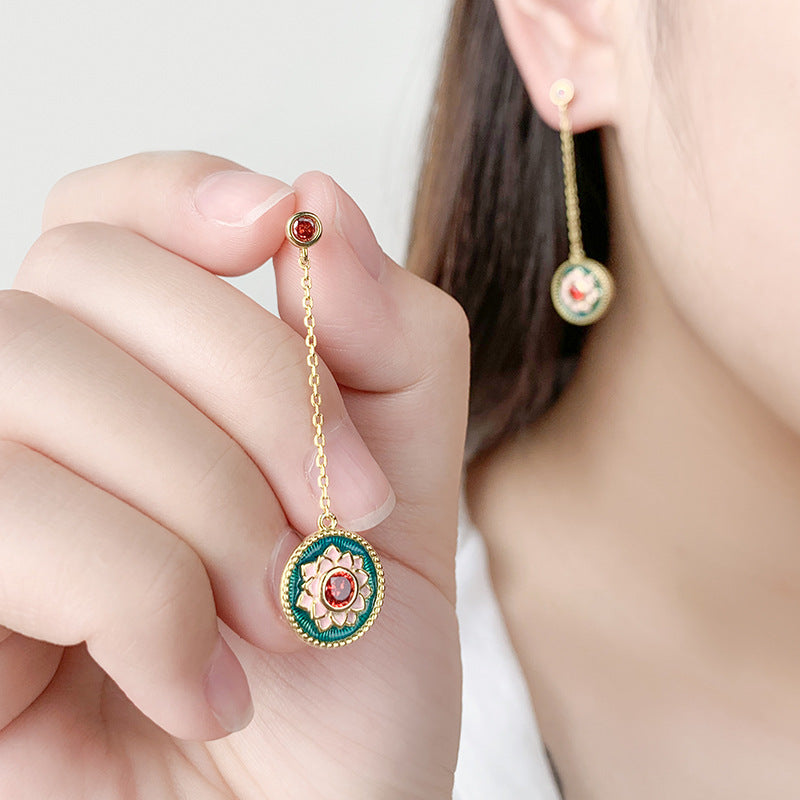 Lotus Pattern Series Enamel with Red Zircon Tassel Silver Drop Earrings for Women