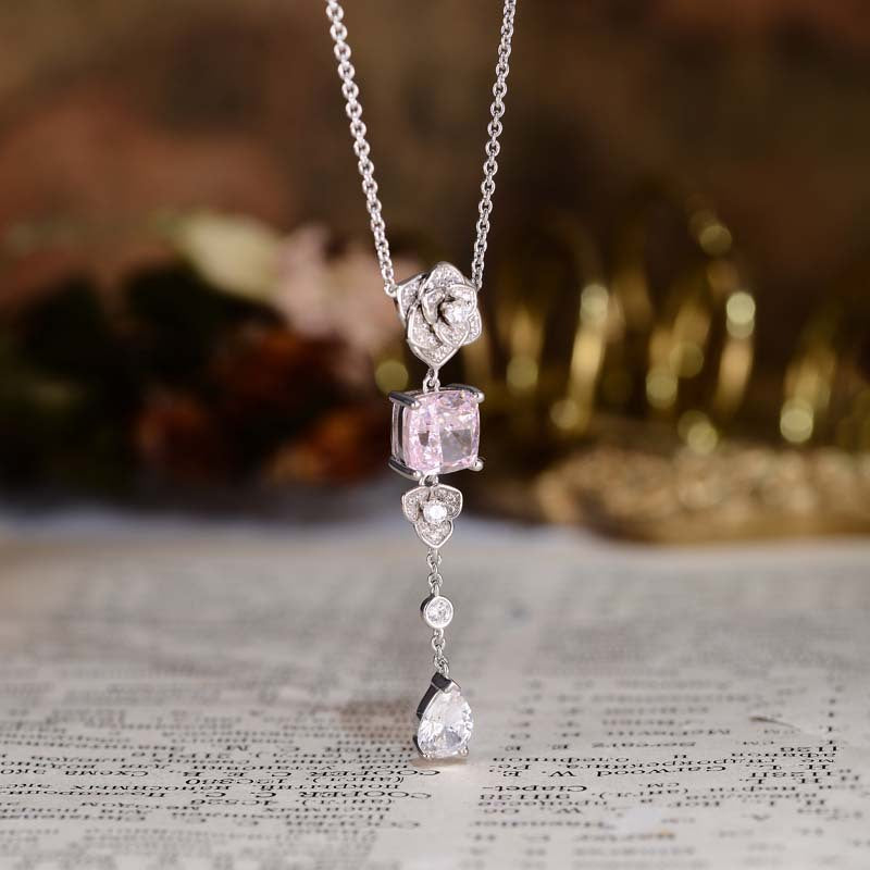 Pink Zircon 8*8mm Cushion Ice Cut Camellia Silver Water Drop Pendants Necklace for Women